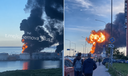 Ukrajinský úder v Petrohrade. Dym stúpa nad mesto, kam má doraziť Putin