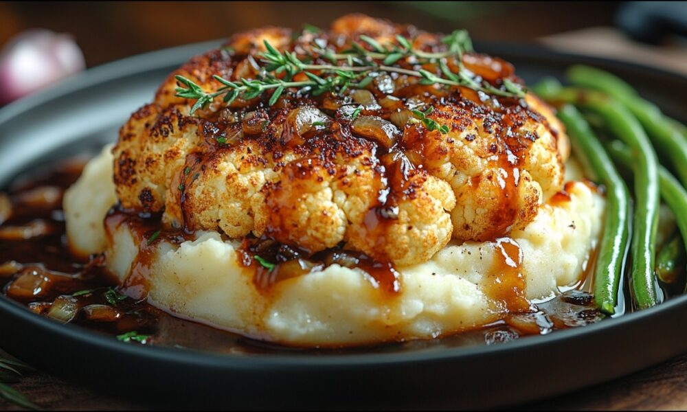 Crispy Vegan Cauliflower Roast With Mashed Potatoes and Dark Onion Gravy